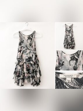 All Saints Gray and Pink Floral Tiered Racerback Dress
